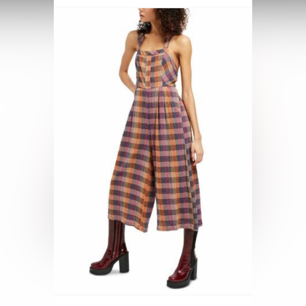 NWT Free People Overall Romper Plaid Wide Leg Crop - Picture 1 of 8